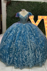 Grey Blue V-Neck Short Seeves Princess Appliqued Quinceanera Dress with Train